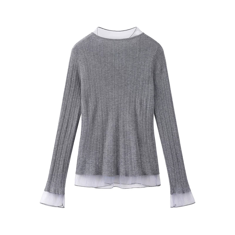 Mesh Patchwork Tie-Bow Knit Sweatshirt Top 2