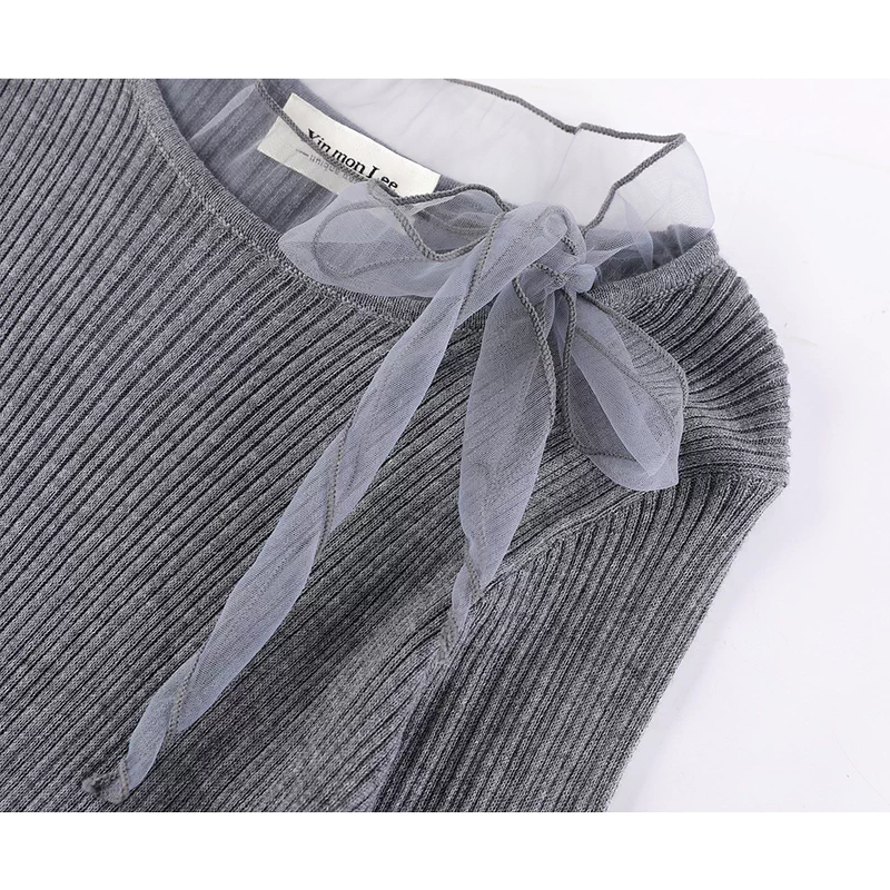 Mesh Patchwork Tie-Bow Knit Sweatshirt Top 3