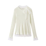 1627207:4266701,6012625669908,1627207:4266701,6012625669909,6012625669908,6012625669909, Mesh Patchwork Tie-Bow Knit Sweatshirt Top