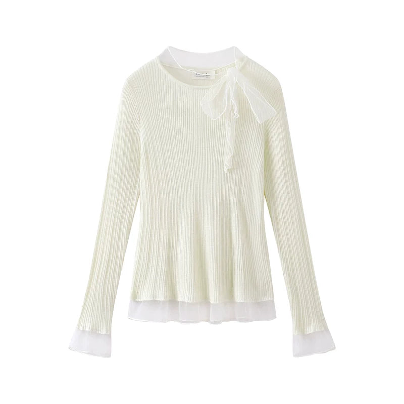 1627207:4266701,6012625669908,1627207:4266701,6012625669909,6012625669908,6012625669909, Mesh Patchwork Tie-Bow Knit Sweatshirt Top