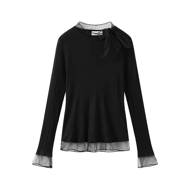 1627207:28341,6012625669912,1627207:28341,6012625669913,6012625669912,6012625669913, Mesh Patchwork Tie-Bow Knit Sweatshirt Top