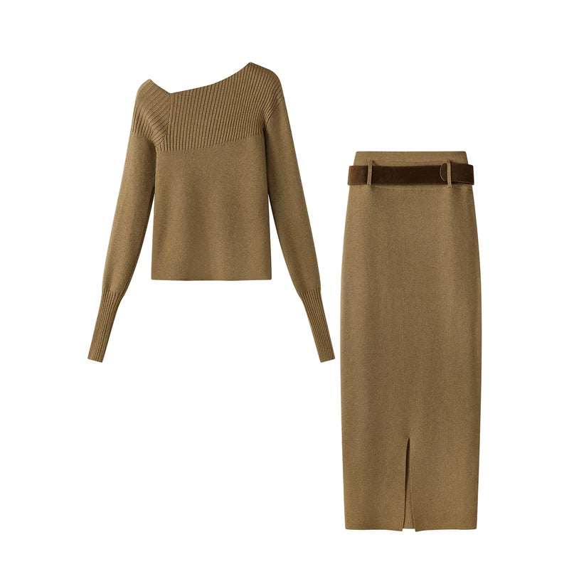Asymmetrical Neck Knit Sweater and Skirt Set 2