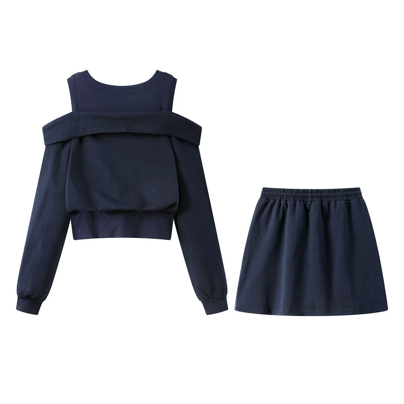 Off-Shoulder Zip Sweatshirt and A-Line Skirt Set 2