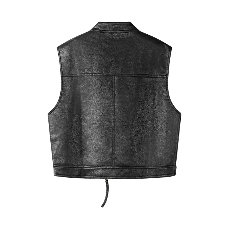 Retro Faux Leather Moto Vest with Zipper Pockets 2