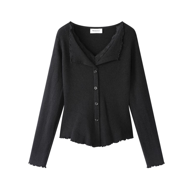 25371:28341,6013197053413,25371:28341,6013197053414,6013197053413,6013197053414, Ribbed V-Neck Lace Trim Knit Cardigan