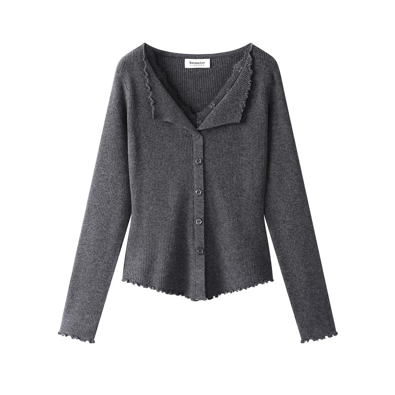 25371:28334,6013197053415,25371:28334,6013197053416,6013197053415,6013197053416, Ribbed V-Neck Lace Trim Knit Cardigan