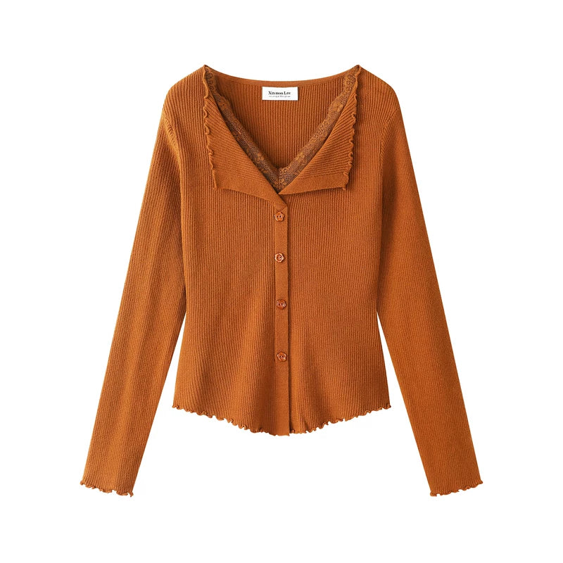 25371:90554,6013197053417,25371:90554,6013197053418,6013197053417,6013197053418, Ribbed V-Neck Lace Trim Knit Cardigan