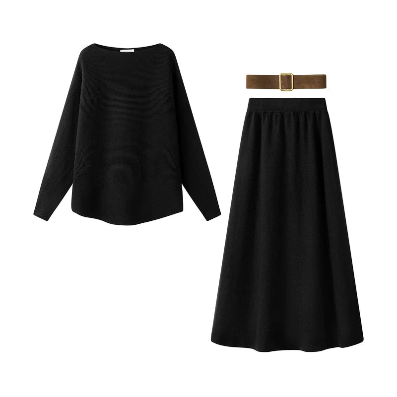 20402:28341,6017442376039,20402:28341,6017442376040,20402:28341,6017442376041,6017442376039,6017442376040,6017442376041, Knit Batwing Sweater and High-Waisted Skirt Set