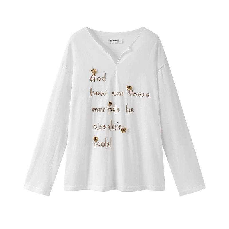 21341:28320,6020636377437,21341:28320,6020636377438,6020636377437,6020636377438, V-Neck Long Sleeve Embroidered Pullover Shirt