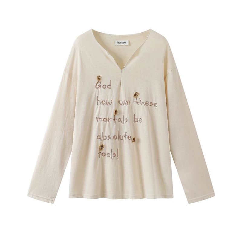 21341:28331,6020636377439,21341:28331,6020636377440,6020636377439,6020636377440, V-Neck Long Sleeve Embroidered Pullover Shirt