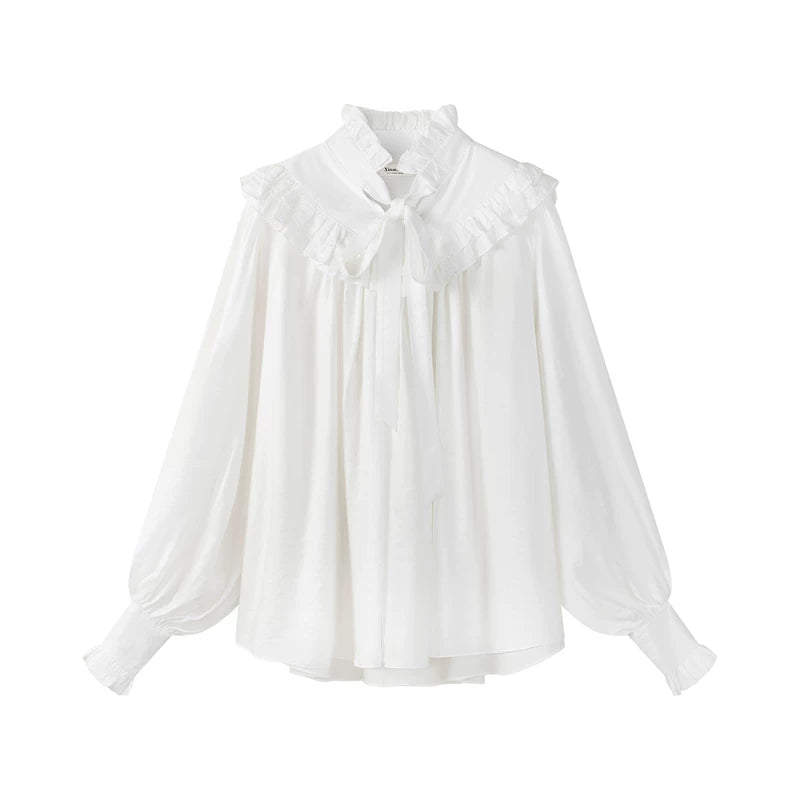 alt_id_7518395347, Lace Ruffle Collar Tie Neck Blouse
