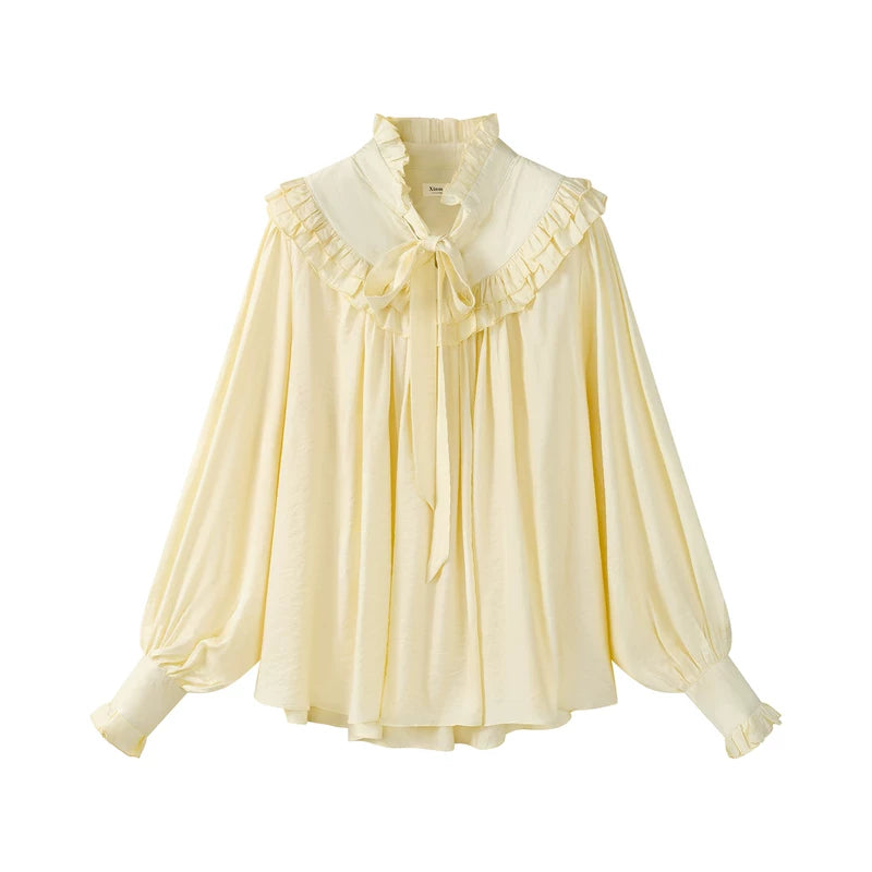 4195681:30155,6019943597196,4195681:30155,6019943597197,4195681:30155,6019943597198,6019943597196,6019943597197,6019943597198, Lace Ruffle Collar Tie Neck Blouse