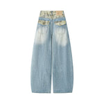 Wide-Leg Ripped Plaid Patchwork Denim Pants 2