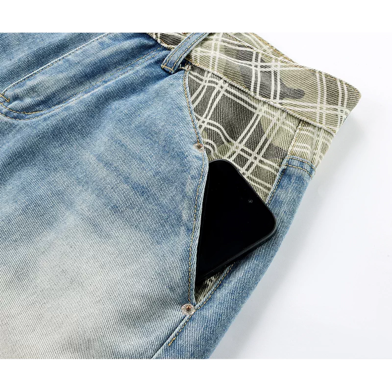 Wide-Leg Ripped Plaid Patchwork Denim Pants 3