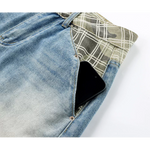 Wide-Leg Ripped Plaid Patchwork Denim Pants 3