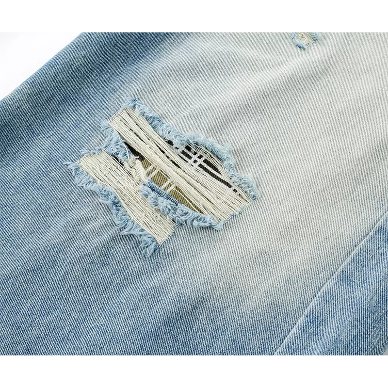 Wide-Leg Ripped Plaid Patchwork Denim Pants 4