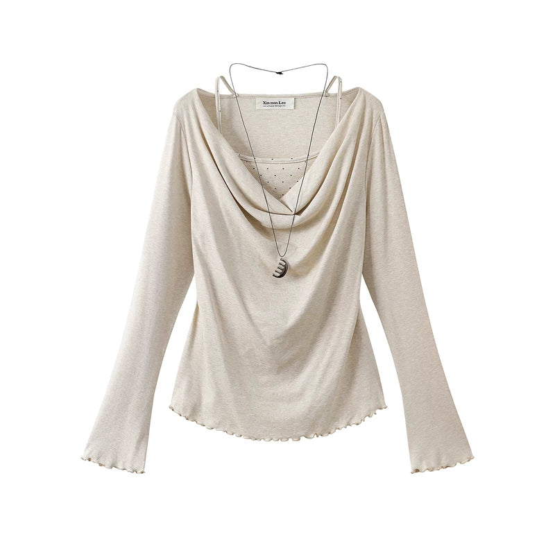 22357:6097198,6020657085770,22357:6097198,6020657085771,6020657085770,6020657085771, Ruffled Cowl Neck Faux Two-Piece Long Sleeve Top