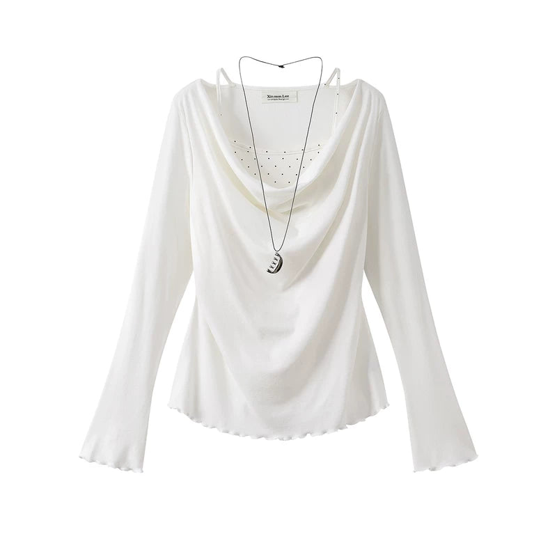 22357:28320,6020657085768,22357:28320,6020657085769,6020657085768,6020657085769, Ruffled Cowl Neck Faux Two-Piece Long Sleeve Top