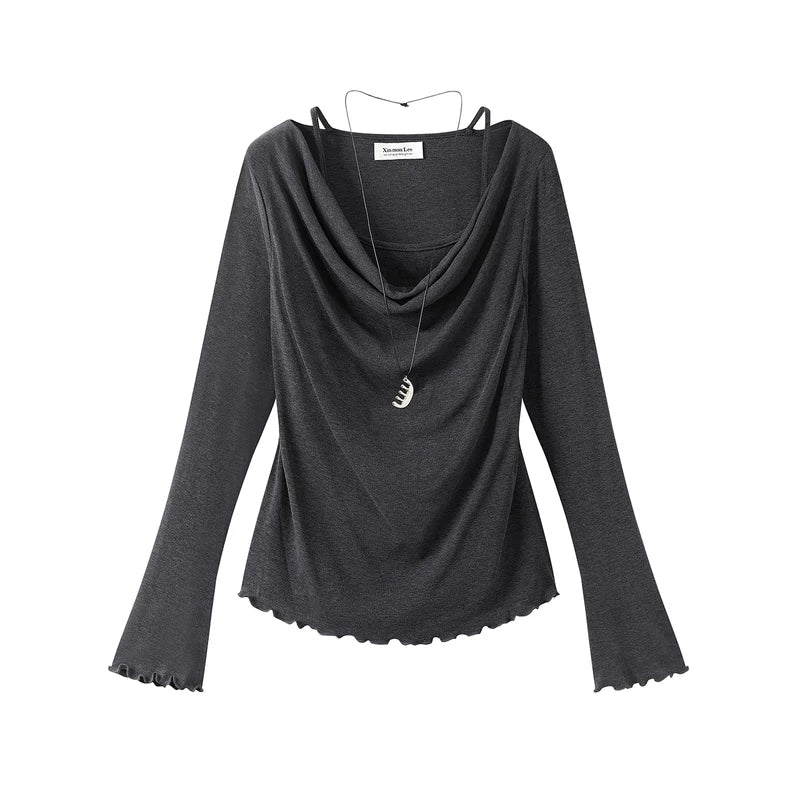 22357:7085041,6020657085772,22357:7085041,6020657085773,6020657085772,6020657085773, Ruffled Cowl Neck Faux Two-Piece Long Sleeve Top