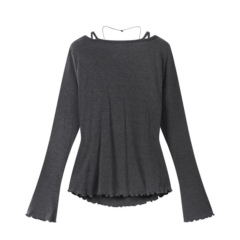 Ruffled Cowl Neck Faux Two-Piece Long Sleeve Top 2