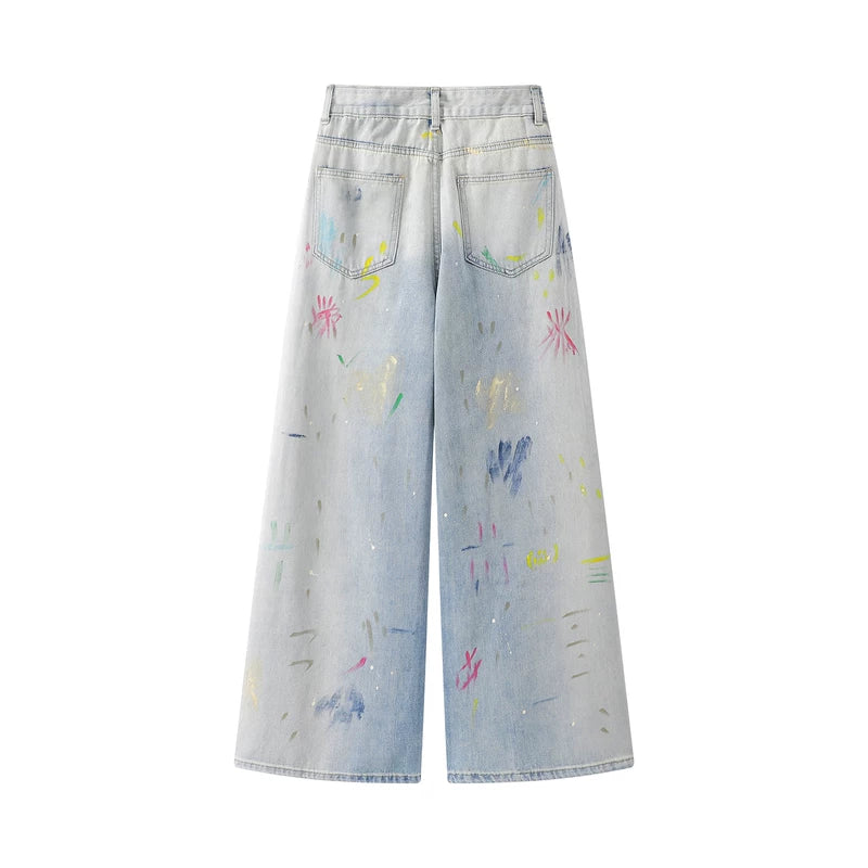High Waisted Graffiti Print Wide Leg Jeans Pants 2