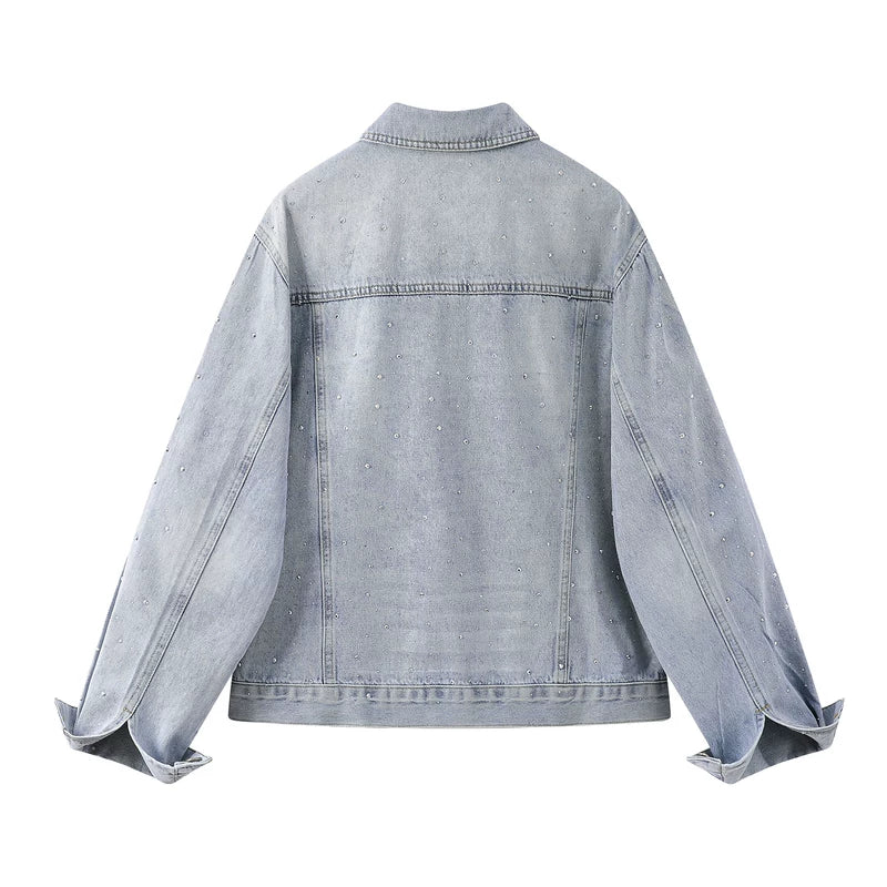Rhinestone Embellished Denim Jacket with Polo Collar 2