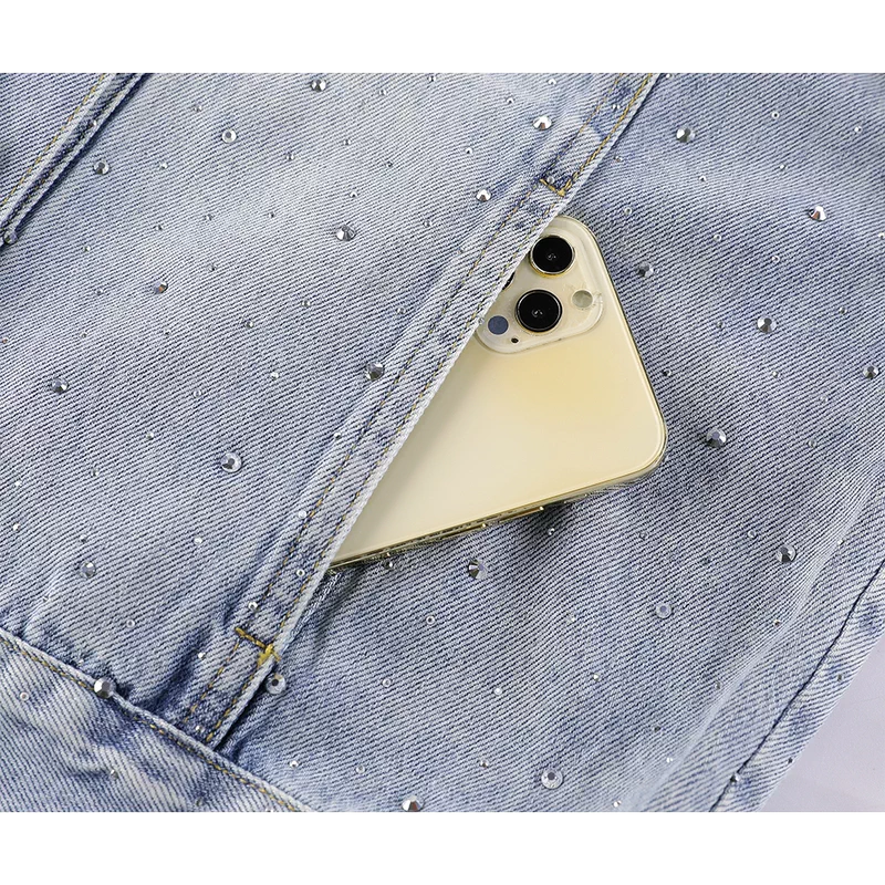 Rhinestone Embellished Denim Jacket with Polo Collar 3