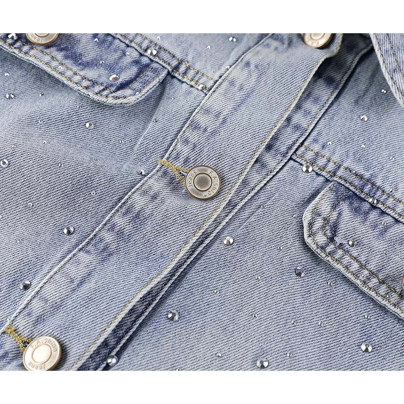 Rhinestone Embellished Denim Jacket with Polo Collar 4