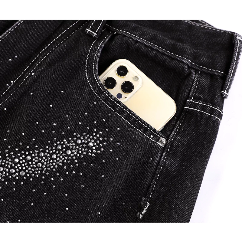 Gradient Rhinestone High-Waisted Wide-Leg Denim Pants 3