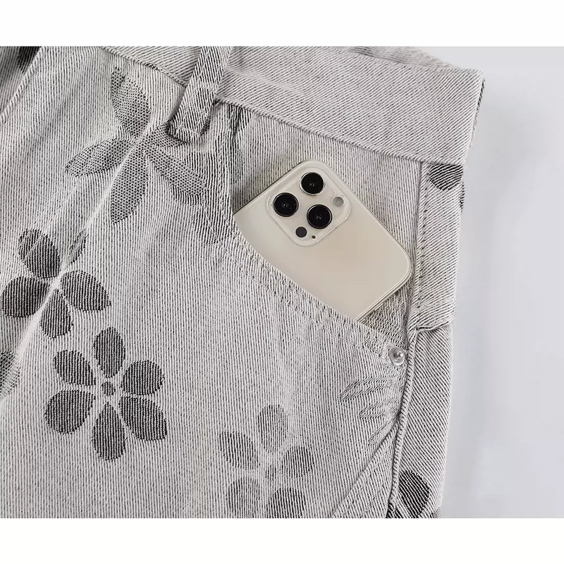 Floral Print Low-Waisted Wide-Leg Denim Pants 3