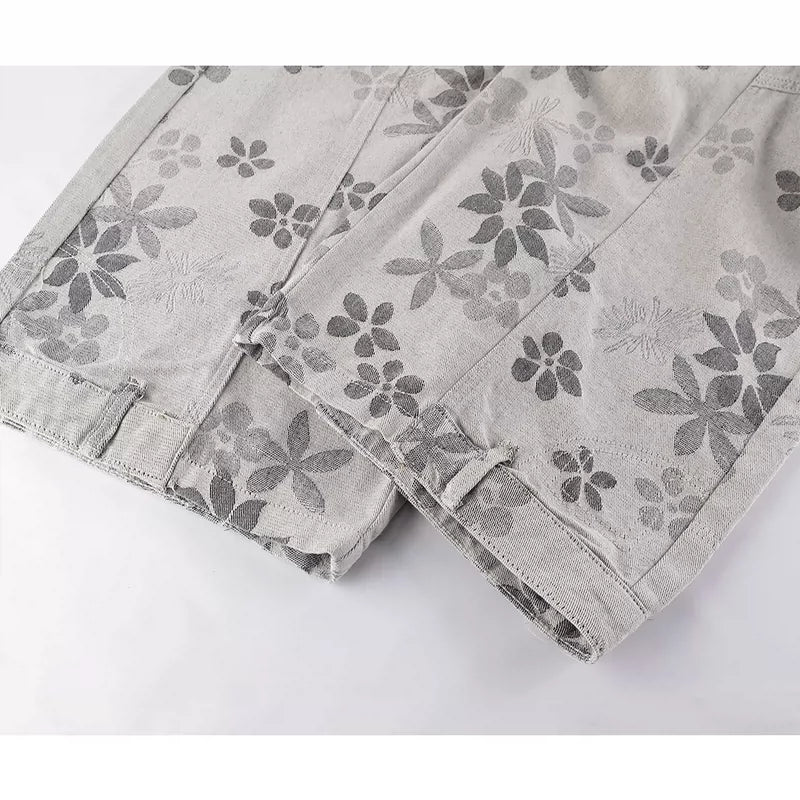 Floral Print Low-Waisted Wide-Leg Denim Pants 4