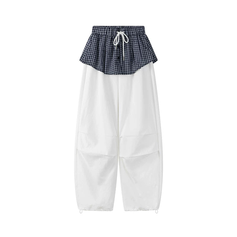 6031337153606,6031337153607,6031337153608, Plaid Faux Two-Piece Cargo Wide Leg Pants