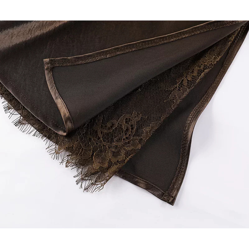 High-Waisted Satin Midi Skirt with Lace Trim 3