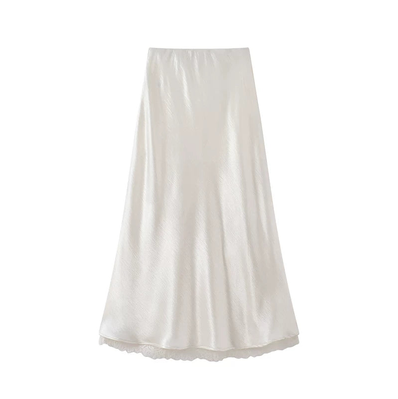 1627207:30155,6018977329939,1627207:30155,6018977329938,1627207:30155,6018977329937,6018977329939,6018977329938,6018977329937, High-Waisted Satin Midi Skirt with Lace Trim
