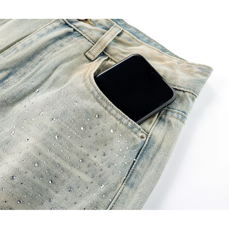 High Waist Rhinestone Wide Leg Jeans Pants 3