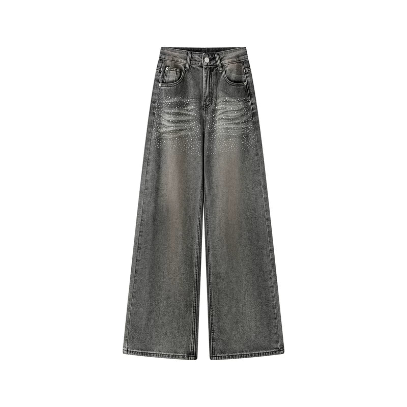 6033211101087,6033211101088,6033211101089,6033211101090, High Waist Rhinestone Wide Leg Jeans Pants