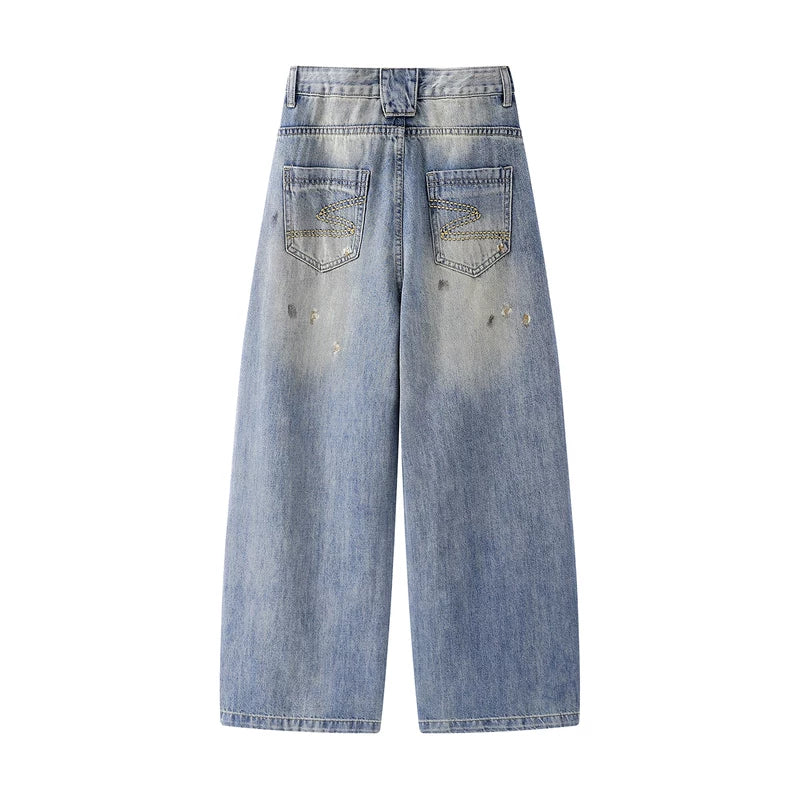 Wide Leg Distressed Washed Denim Jeans Pants 2