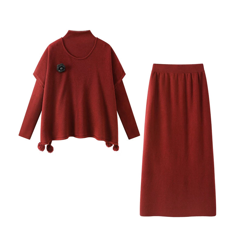 27024:28326,6012632565300,27024:28326,6012632565301,6012632565300,6012632565301, Knit Turtleneck Top and Skirt Set