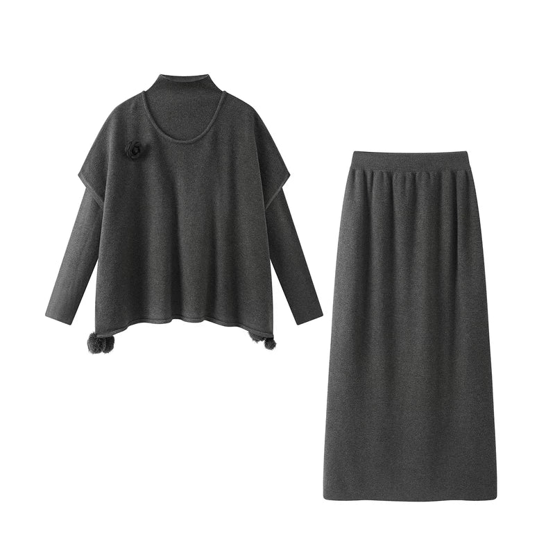 27024:28334,6012632565302,27024:28334,6012632565303,6012632565302,6012632565303, Knit Turtleneck Top and Skirt Set