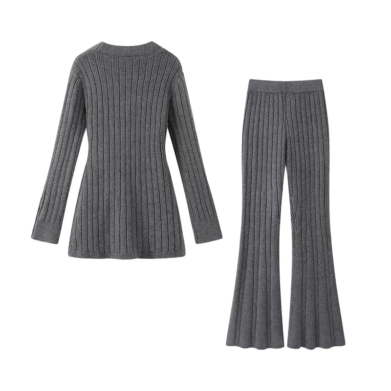 Ribbed Knit V-Neck Top and Flare Pants Set 2