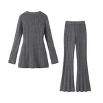 Ribbed Knit V-Neck Top and Flare Pants Set 2
