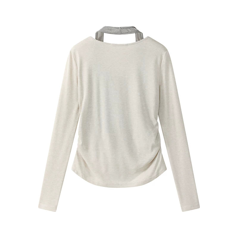 Ruched Long Sleeve Top with Striped Inset 2