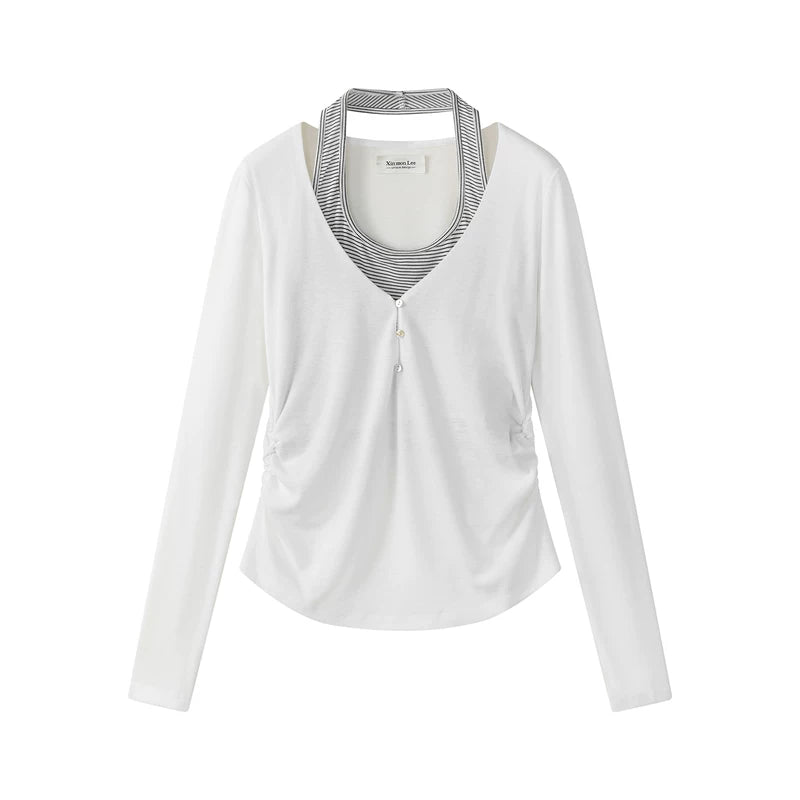 1627207:28320,6017074809856,1627207:28320,6017074809855,6017074809856,6017074809855, Ruched Long Sleeve Top with Striped Inset