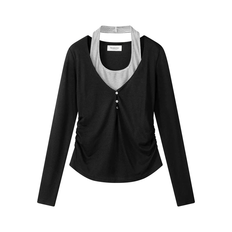 1627207:28341,6017074809858,1627207:28341,6017074809857,6017074809858,6017074809857, Ruched Long Sleeve Top with Striped Inset