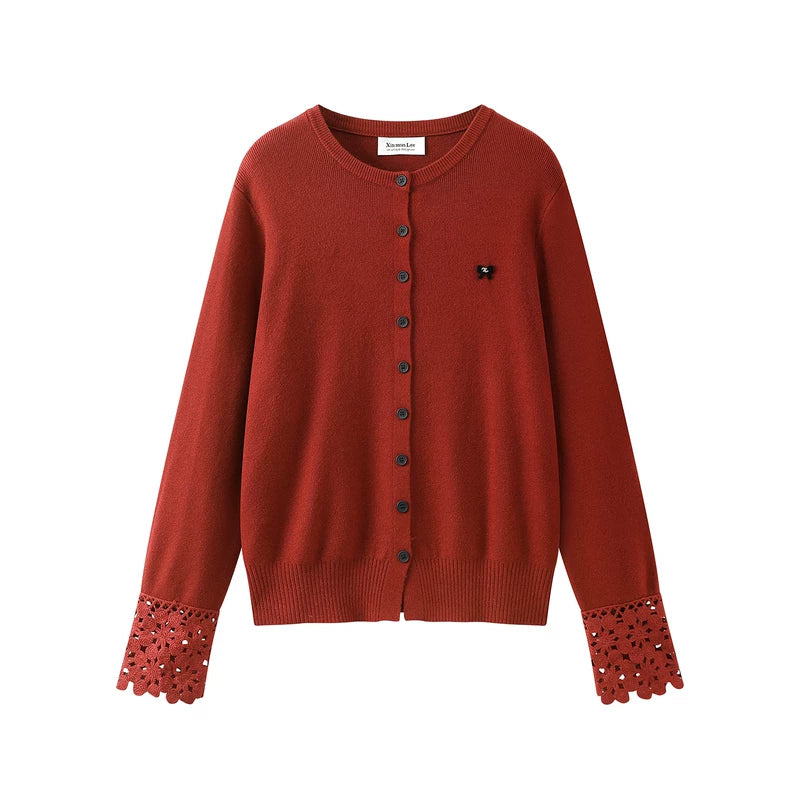 27236:17032921,6007856816853,27236:17032921,6007856816854,6007856816853,6007856816854, Lace Cuff Button Front Knit Cardigan Sweater