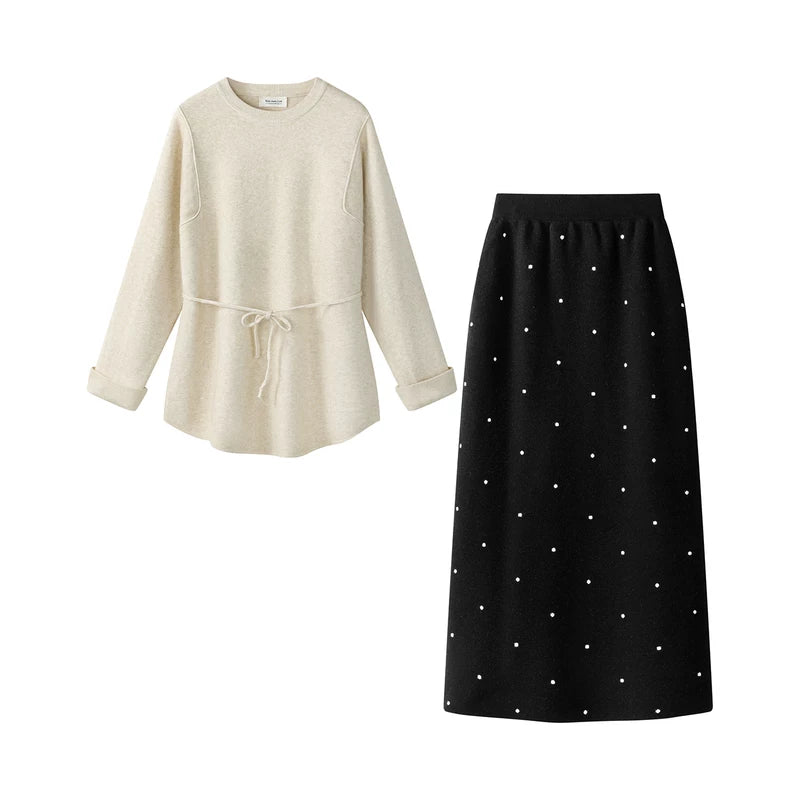 1627207:383182319,6181669438587,1627207:383182319,6181669438588,1627207:383182319,6181669438589,6181669438587,6181669438588,6181669438589, Knit Sweater and High-Waisted Polka Dot Skirt