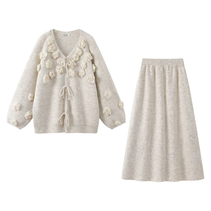 7200526:45522679,6015227124518,7200526:45522679,6015227124519,7200526:45522679,6015227124520,6015227124518, Knit Rose Cardigan and Midi Skirt Set