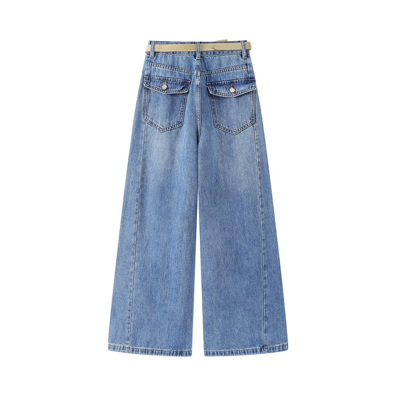 Wide Leg Cropped Denim Pants with Belt 2