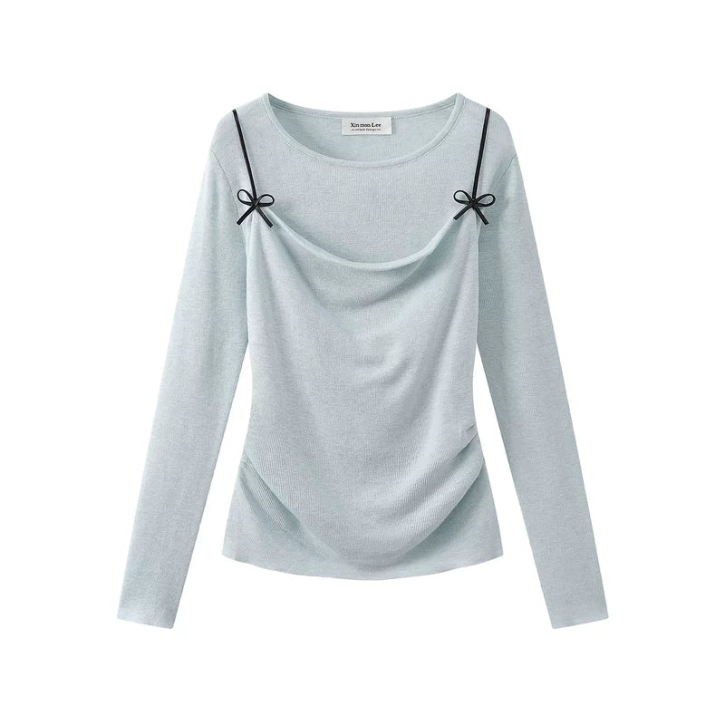 6026218485944,6026218485945, Draped Neck Long Sleeve Pullover Top