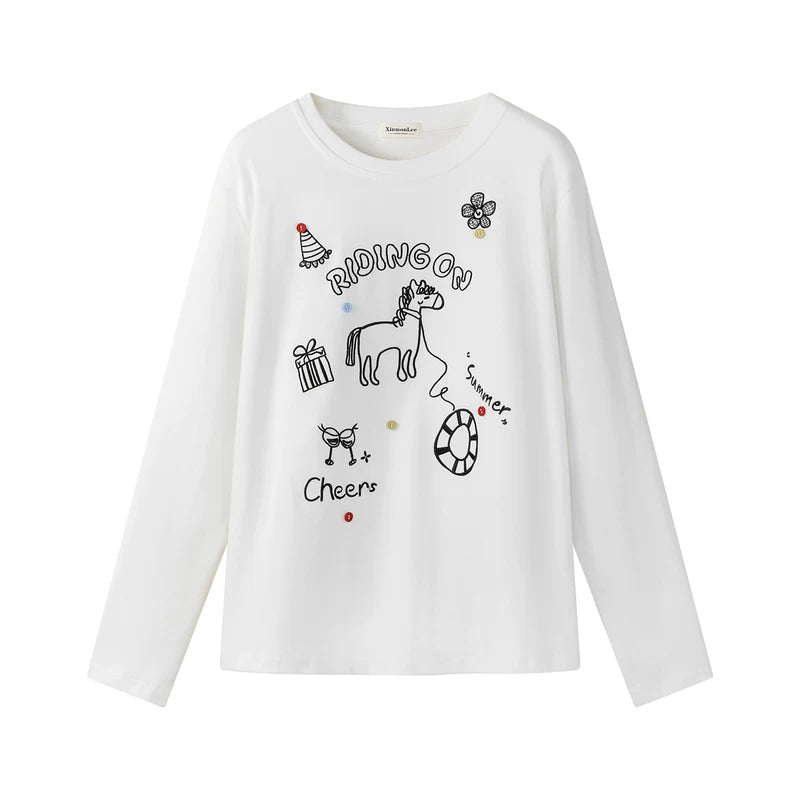 1627207:28320,6017887841984,1627207:28320,6017887841985,6017887841984,6017887841985, Cartoon Pony Embroidered Long Sleeve T-Shirt